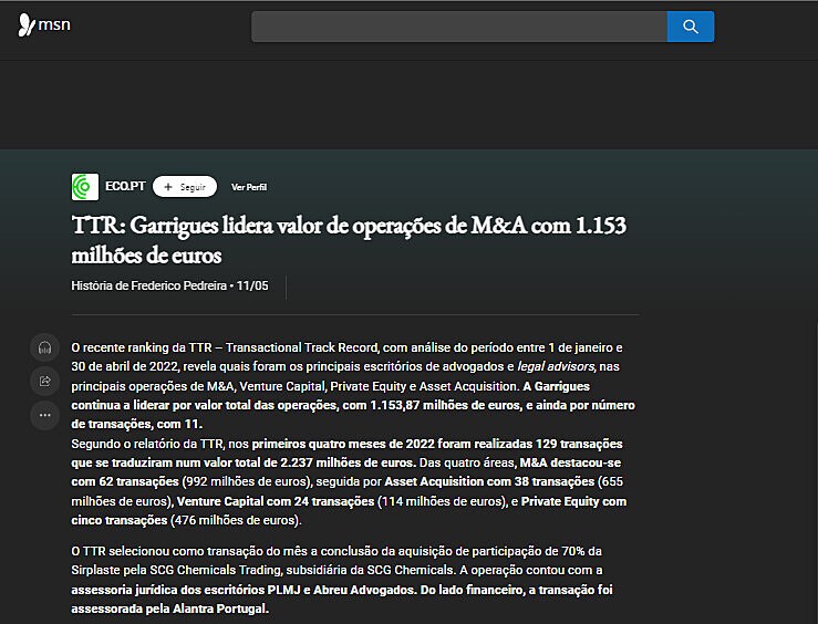 TTR: Garrigues lidera valor de operaes de M&A com 1.153 milhes de euros